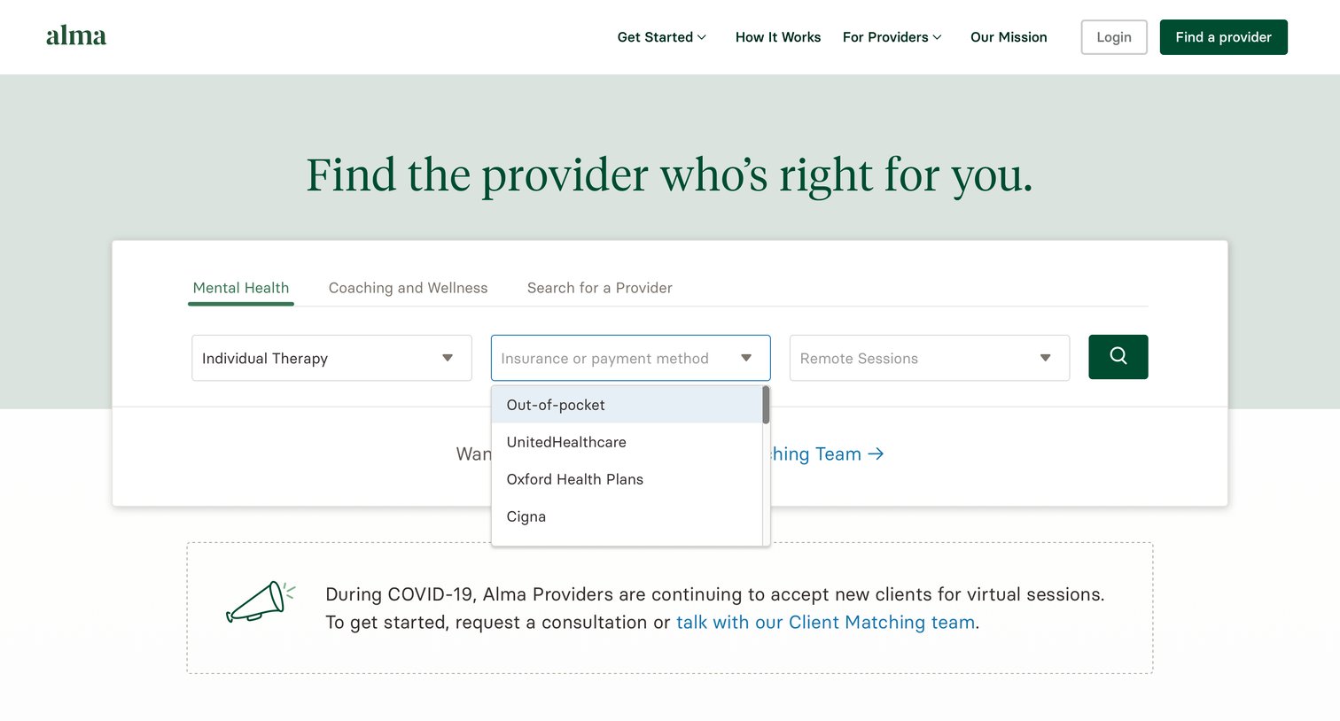 Alma - Find a Provider screen