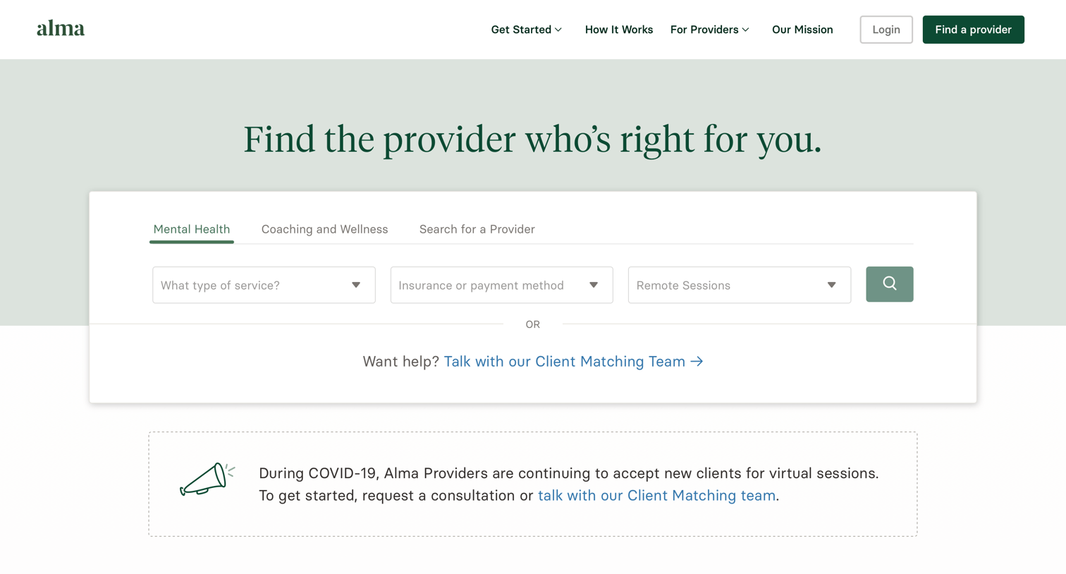 Alma - Find a Provider screen