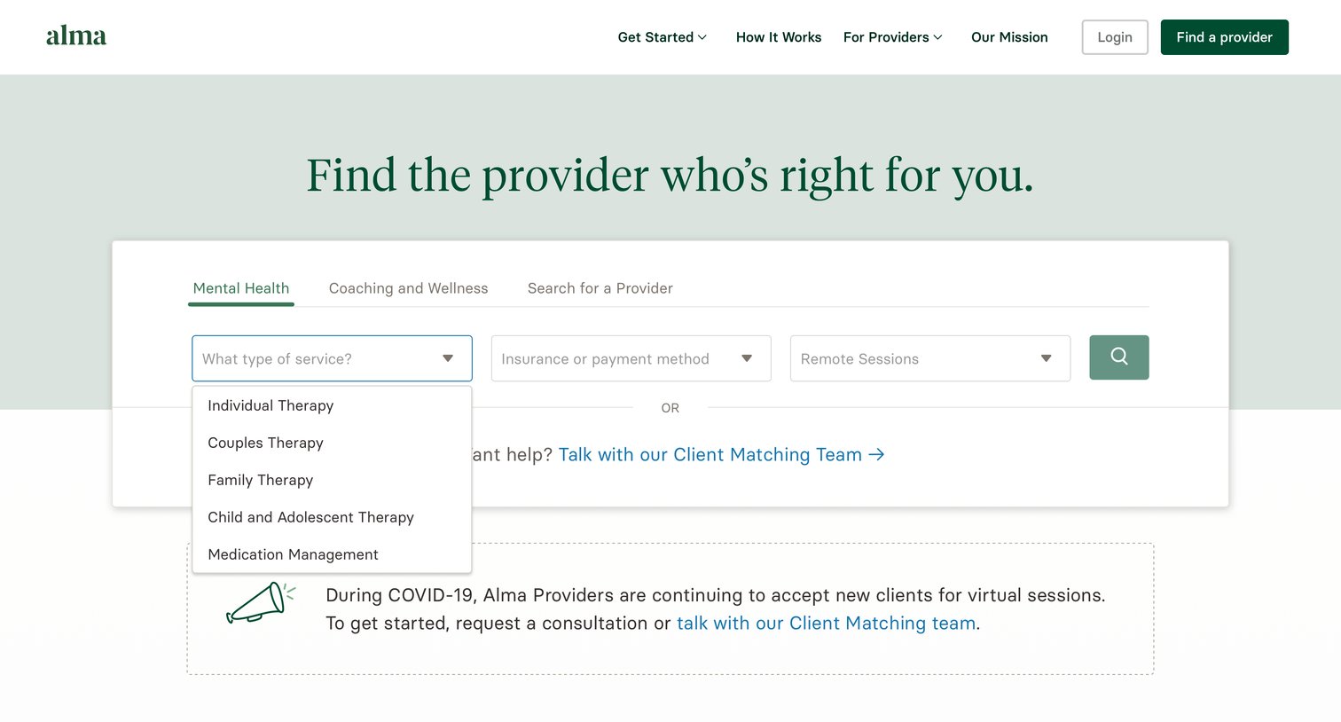 Alma - Find a Provider screen