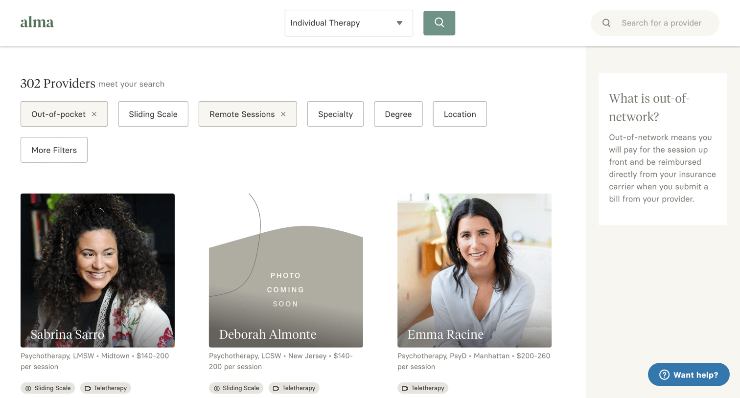 Alma - Find a Provider | Results screen