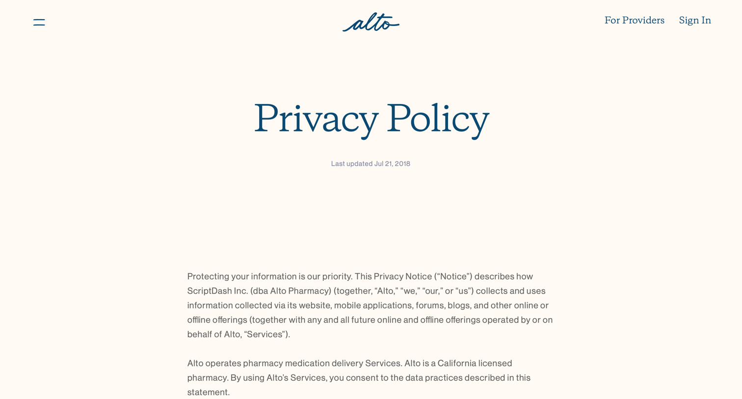 Alto pharmacy - Privacy policy screen