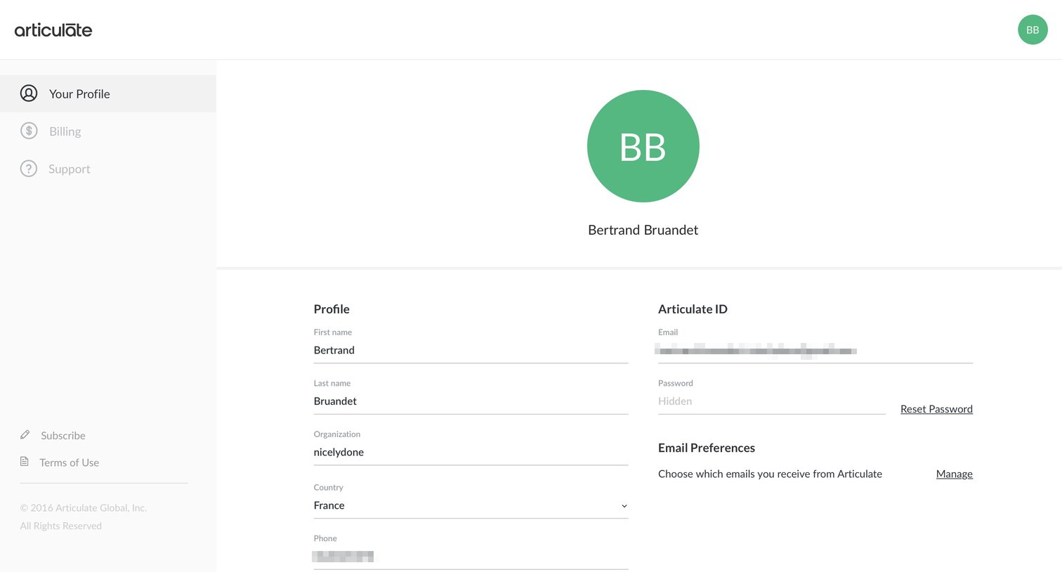 Settings from Articulate