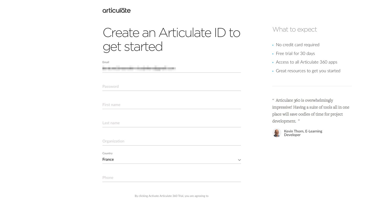 Articulate - Sign up screen