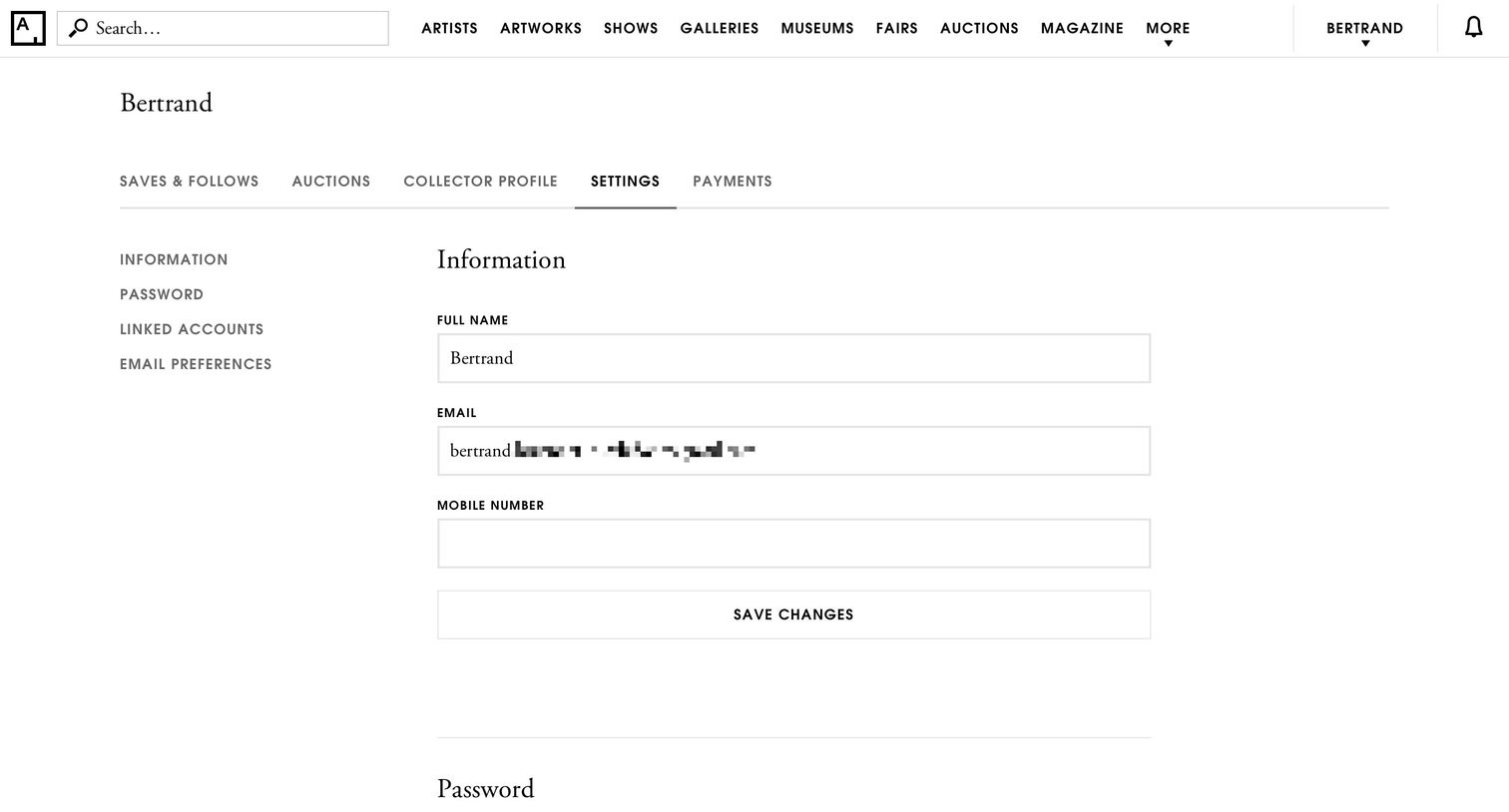 Artsy - Settings screen
