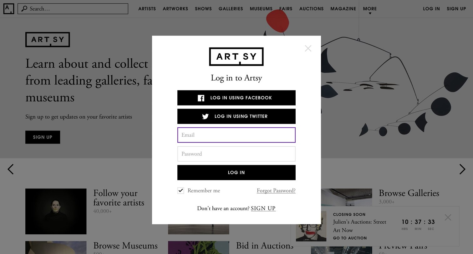 Artsy - Sign in screen