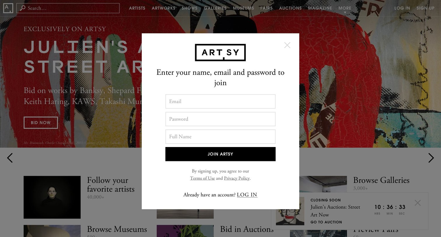 Artsy - Sign up screen