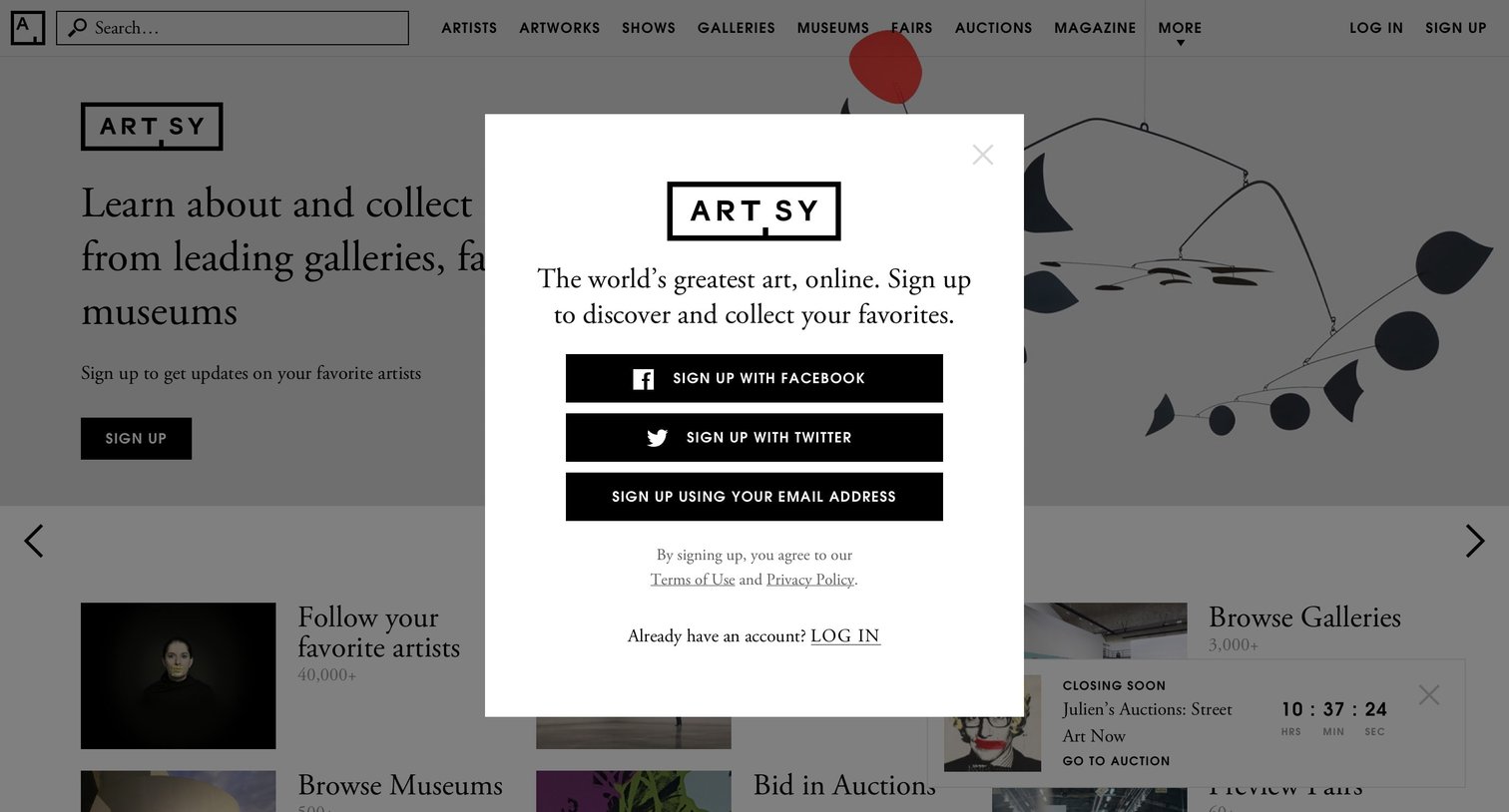 Artsy - Sign up screen
