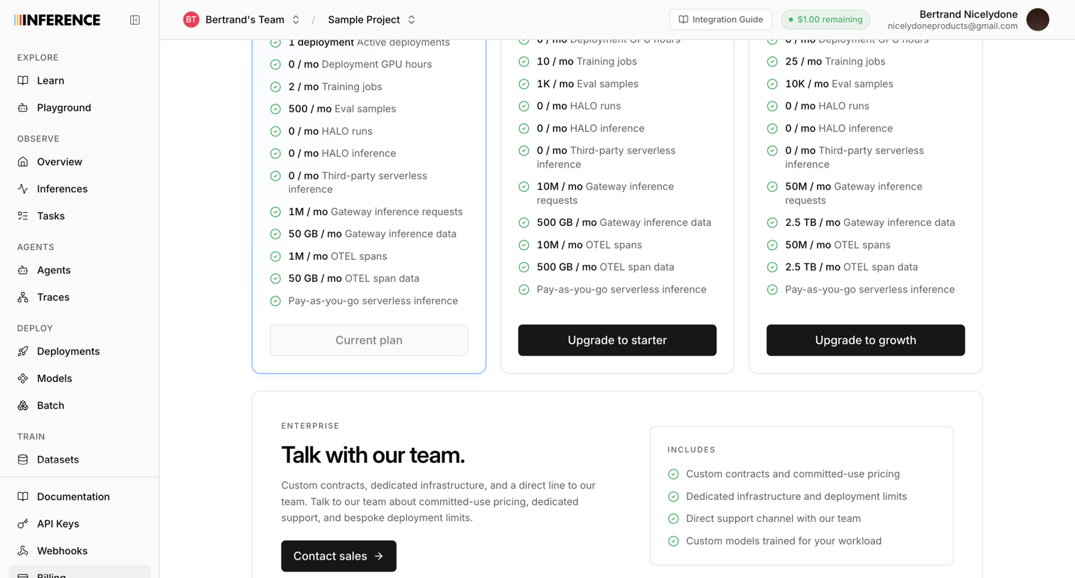 Inference - Dashboard | inference.net screen