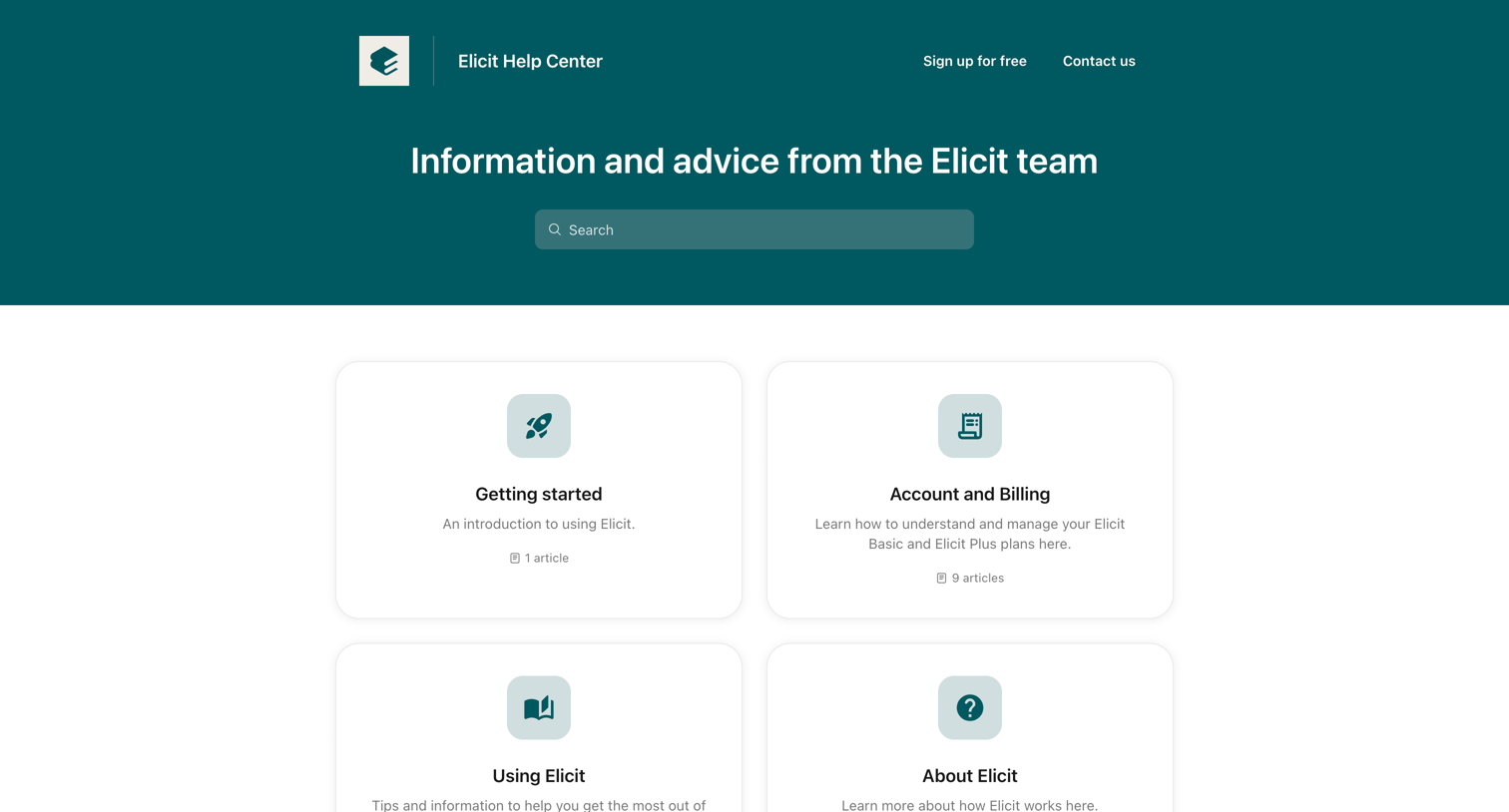 Elicit - Elicit Help Center screen