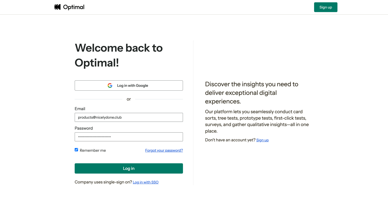 Optimal - Log In | Optimal Workshop screen