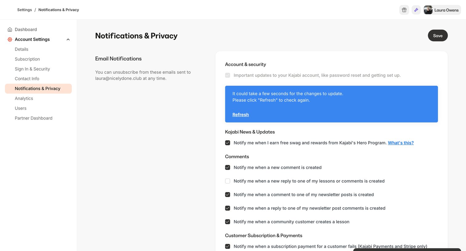 Kajabi - Kajabi - adminsettingsemail_notifications screen