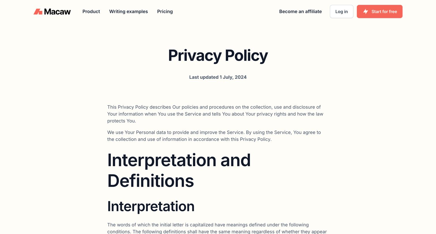 Macaw - Privacy Policy screen