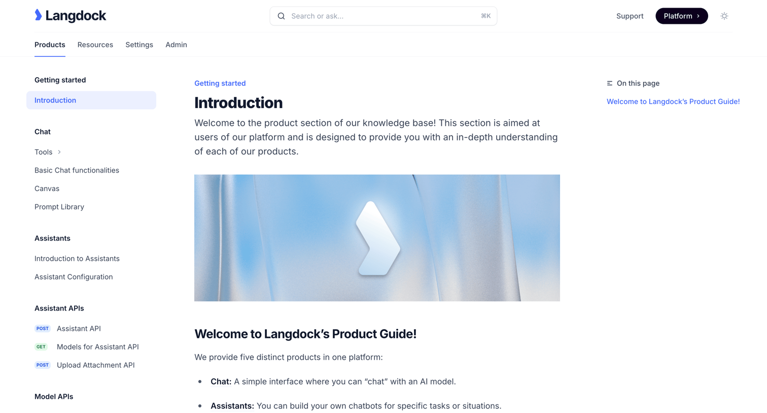 Langdock - Introduction - Documentation screen