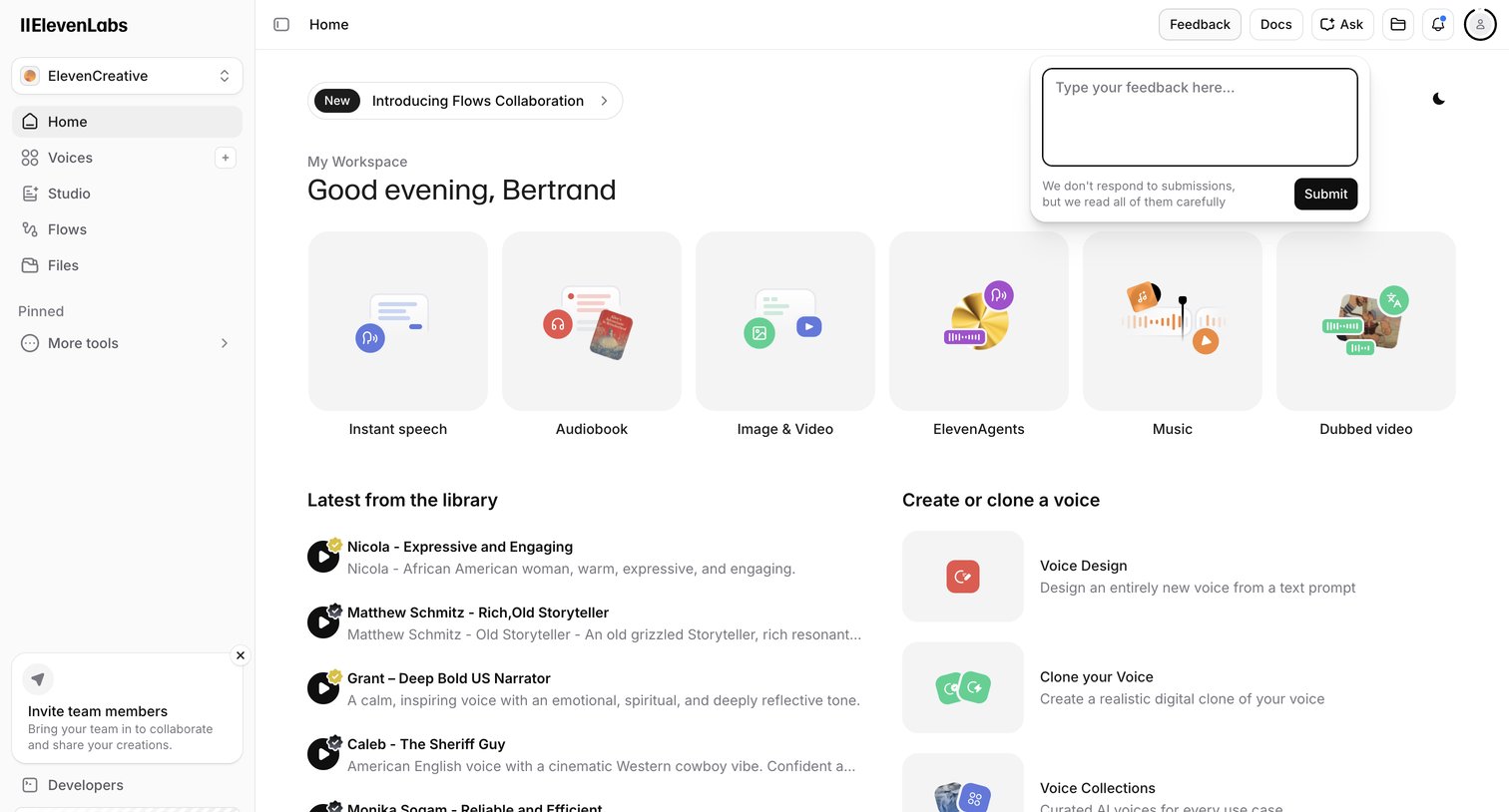 Elevenlabs - Home | ElevenLabs screen