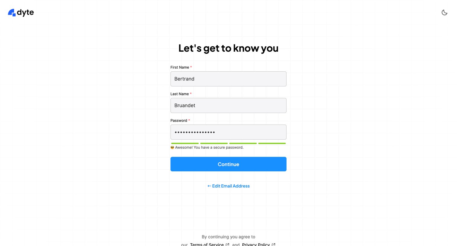 Dyte - Register Your Dyte Account screen