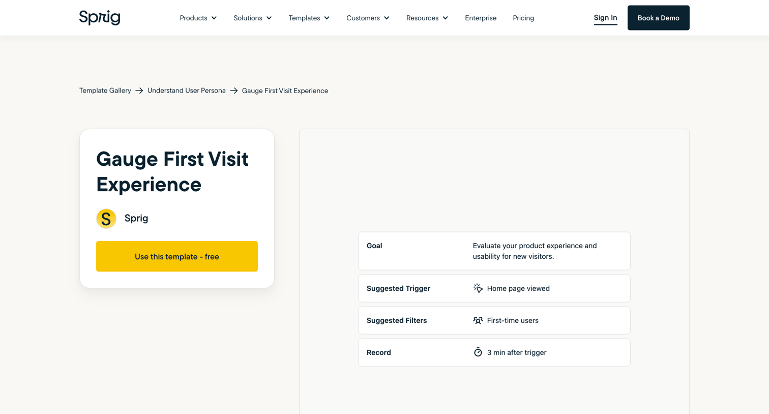 Sprig - Template to gauge first visit experience | Sprig Template Gallery screen