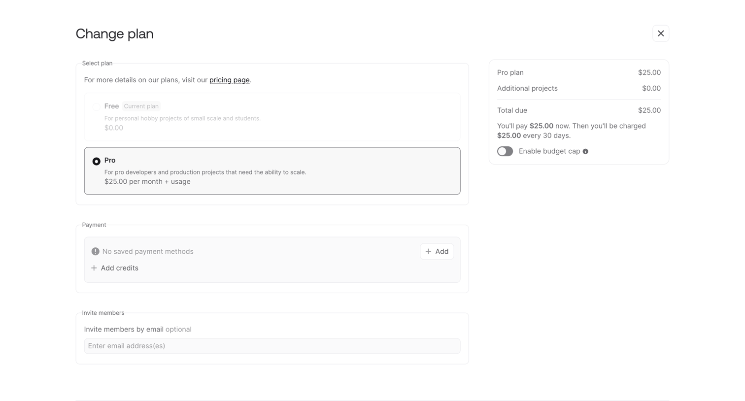 Appwrite - Change plan - Appwrite screen
