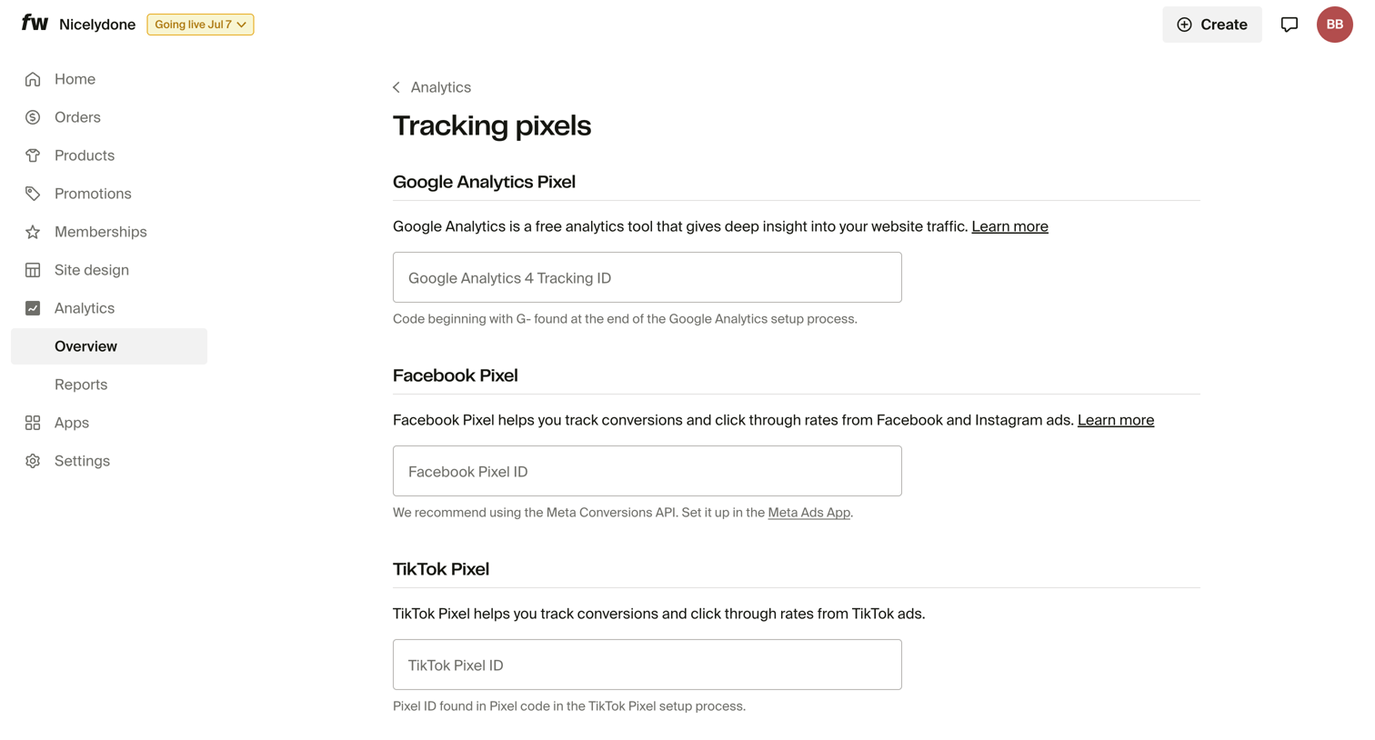 Fourthwall - Tracking pixels screen
