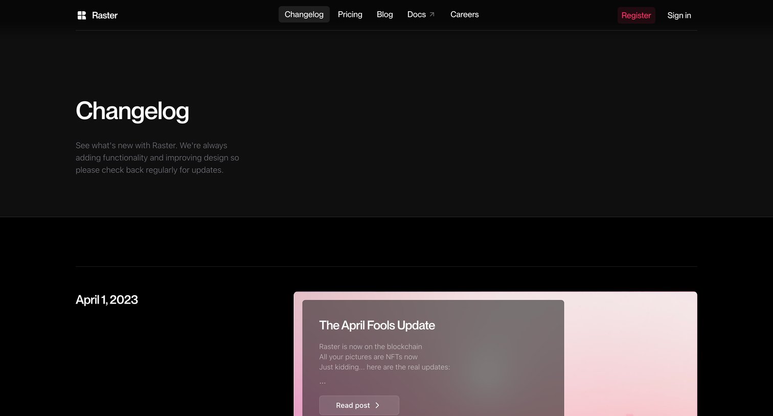 Raster - Raster Changelog screen