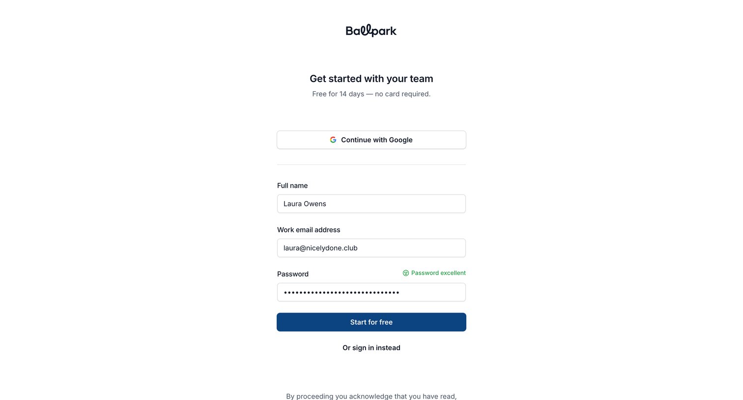 Ballpark - Sign up | Ballpark screen