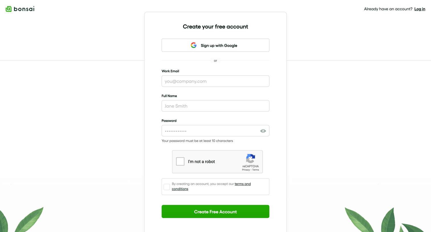 Bonsai - Sign Up - Bonsai screen