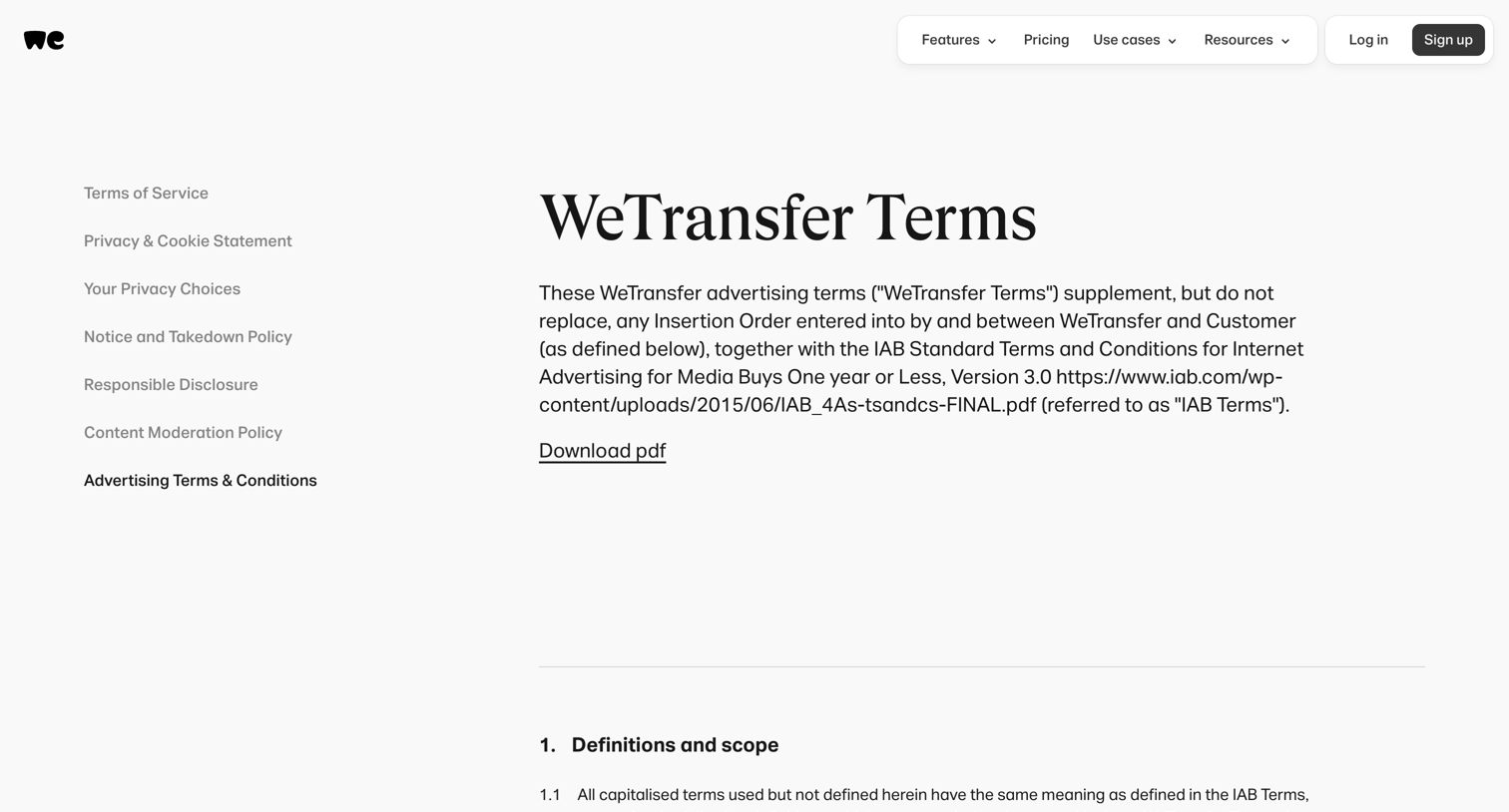 WeTransfer - Terms of Service screen