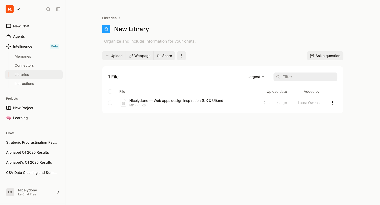 Mistral - New Library screen