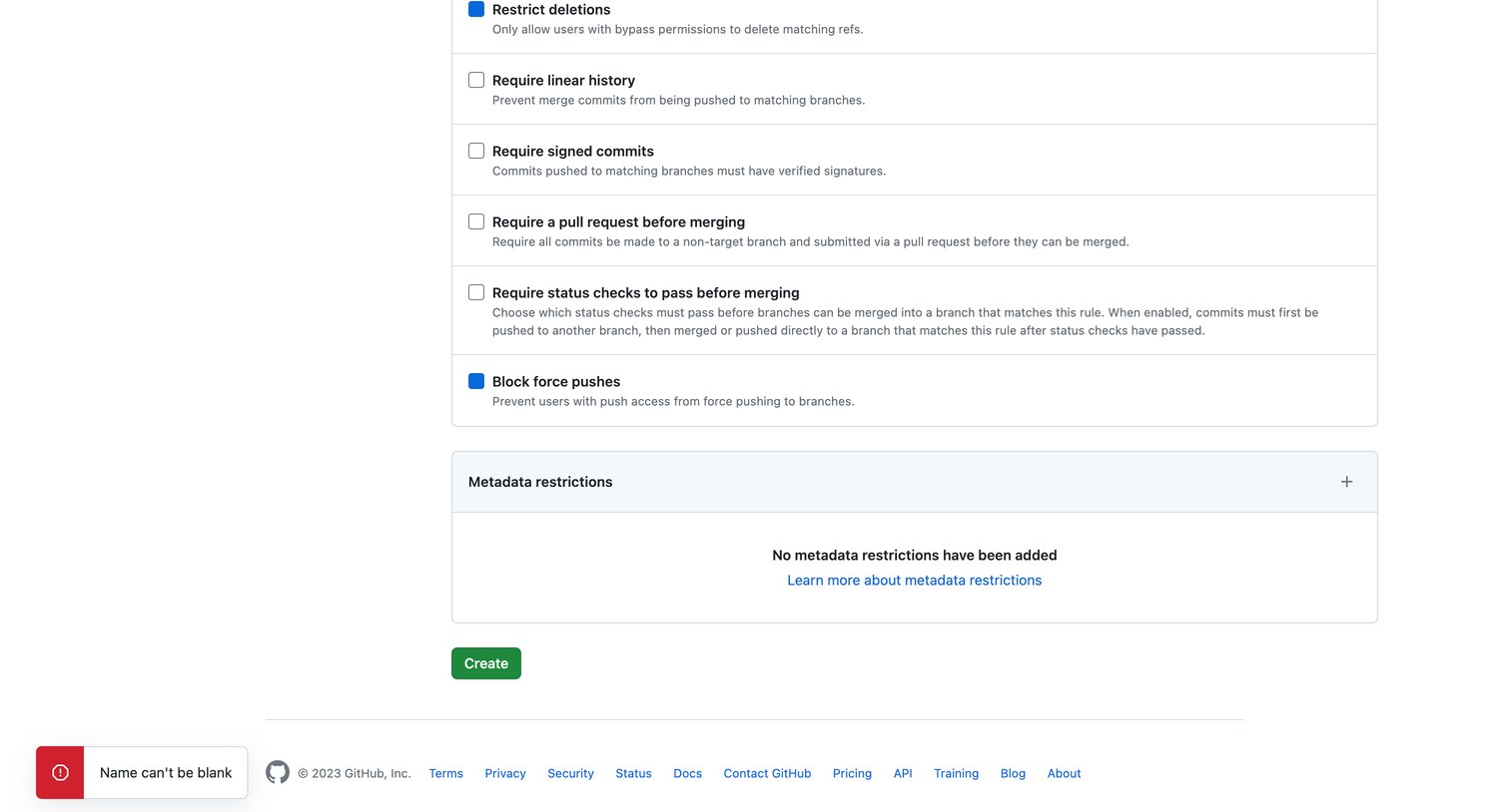 Github - Settings · Ruleset · nicelydone2023 · GitHub screen