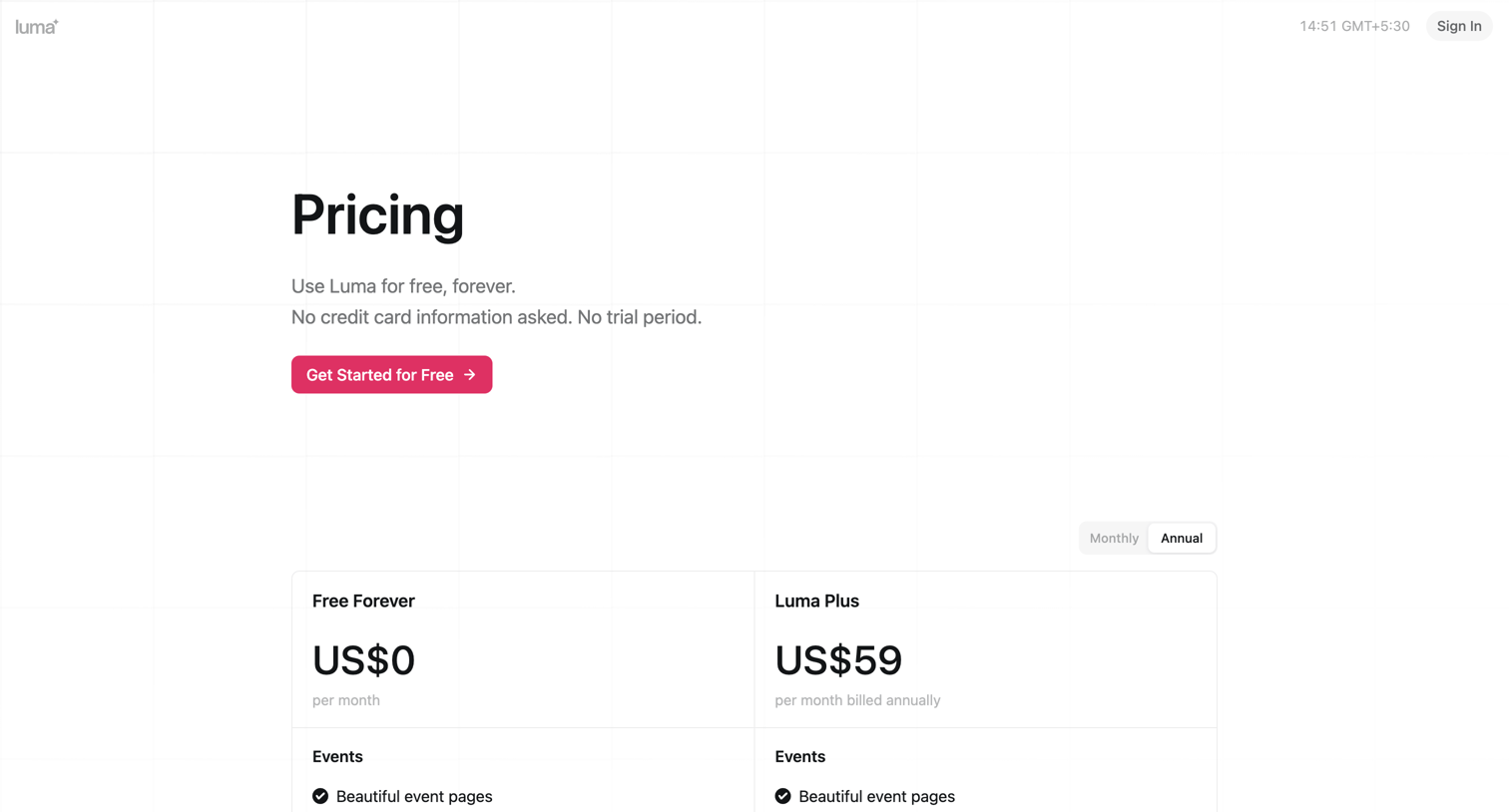 Luma - Pricing · Luma screen
