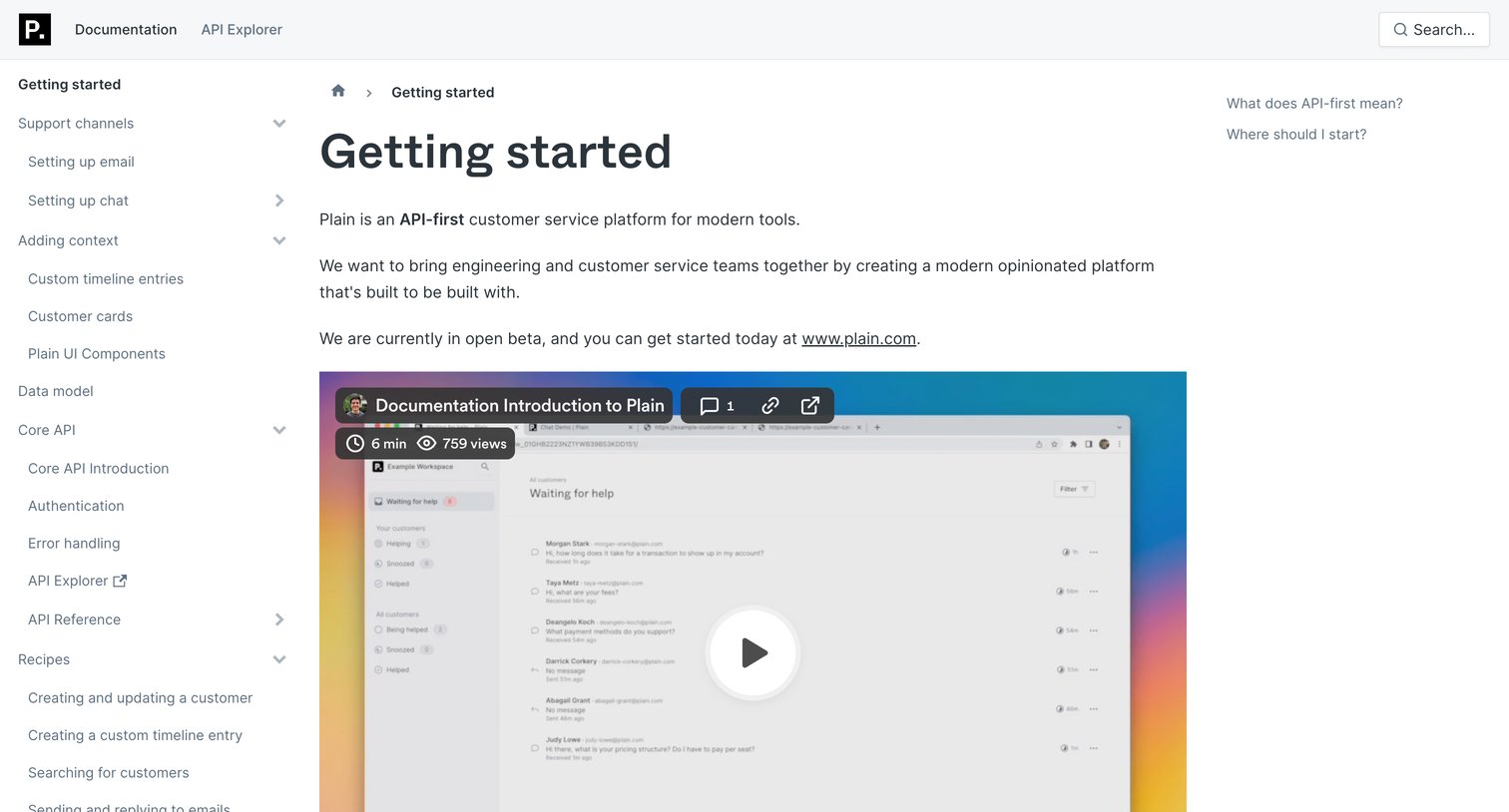 Plain - Getting started | Plain Documentation screen