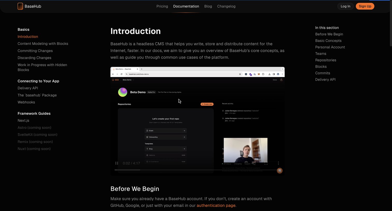 Basehub - Basics | Introduction — BaseHub Docs screen