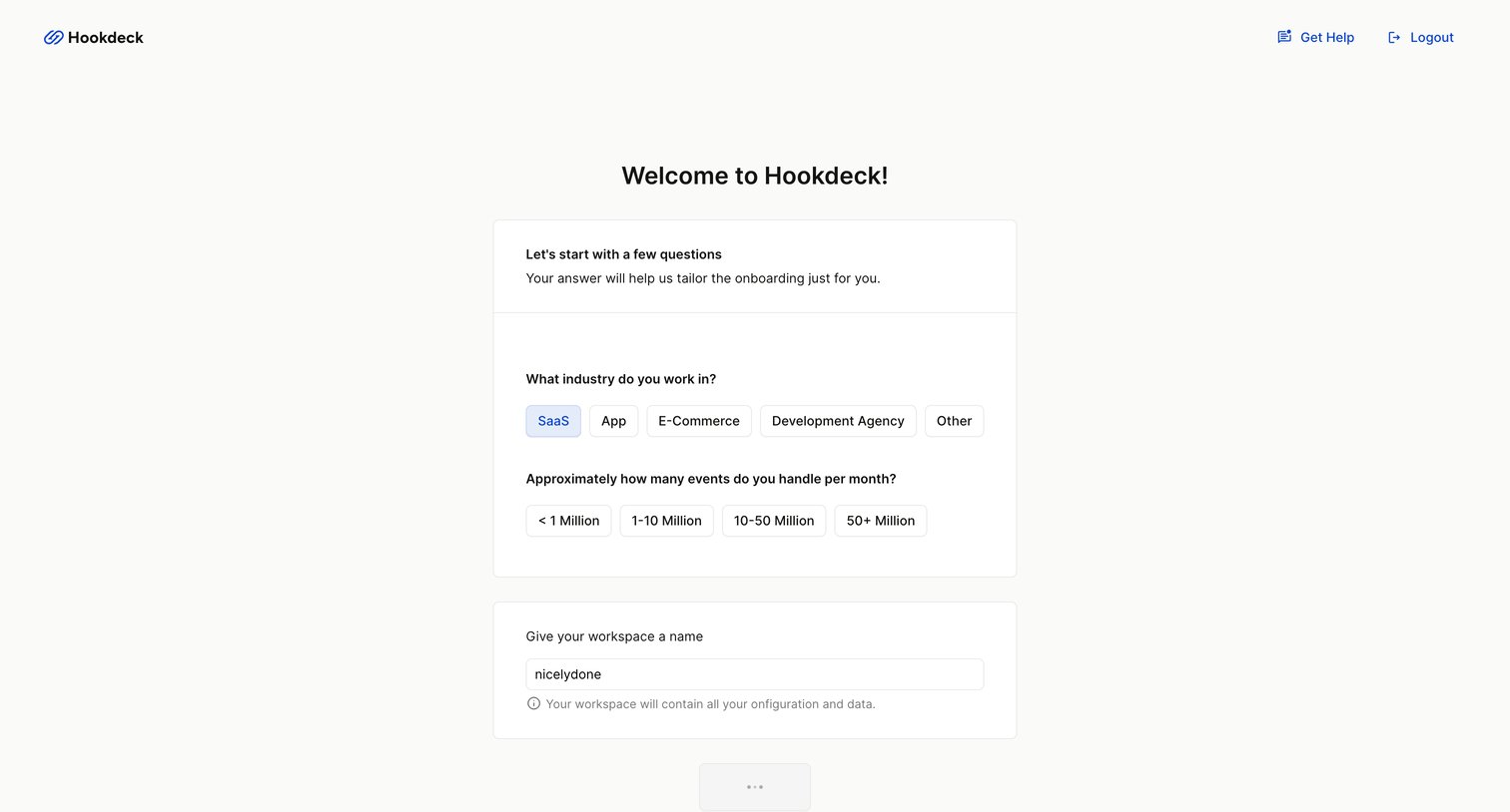 Hookdeck - Onboarding - Workspace - Hookdeck screen