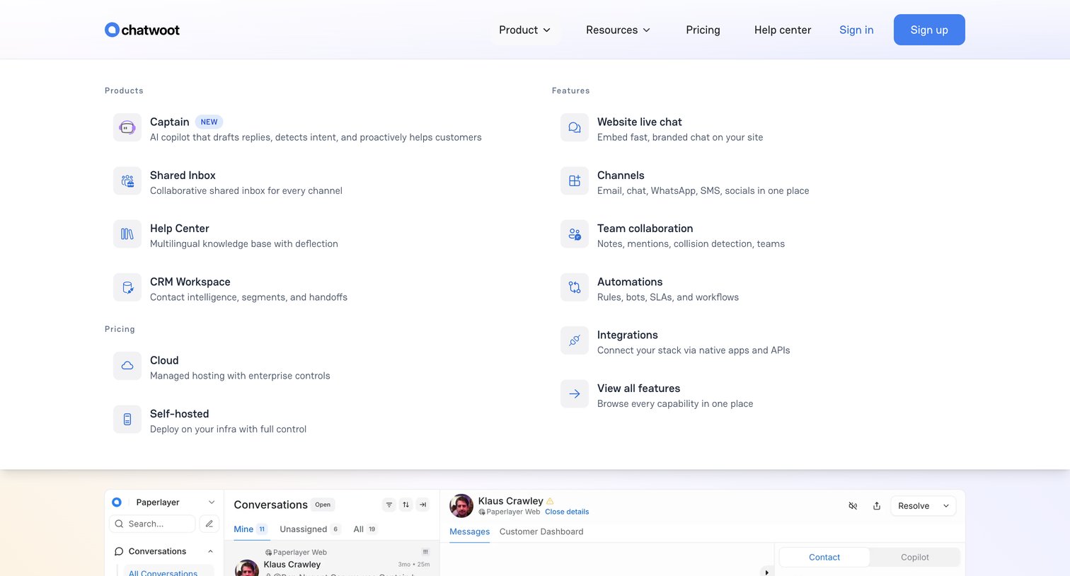 Chatwoot - Chatwoot AI-powered, open-source customer support platform. Self-host or cloud. Alternative to Intercom & Zendesk. screen
