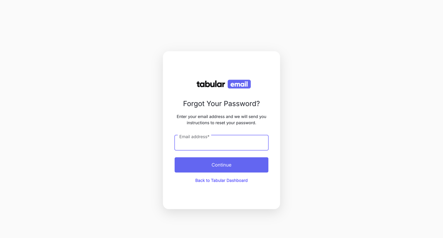 Tabular - Reset your password | Tabular Dashboard screen