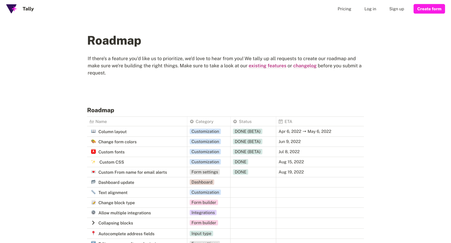 Tally - Roadmap - Tally screen
