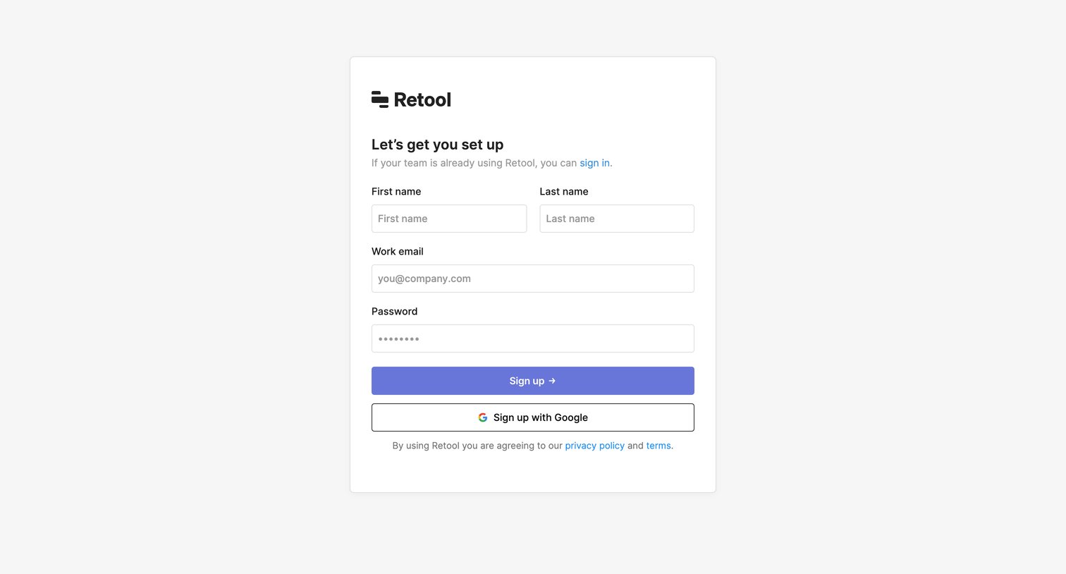 Retool - Sign up | Retool screen