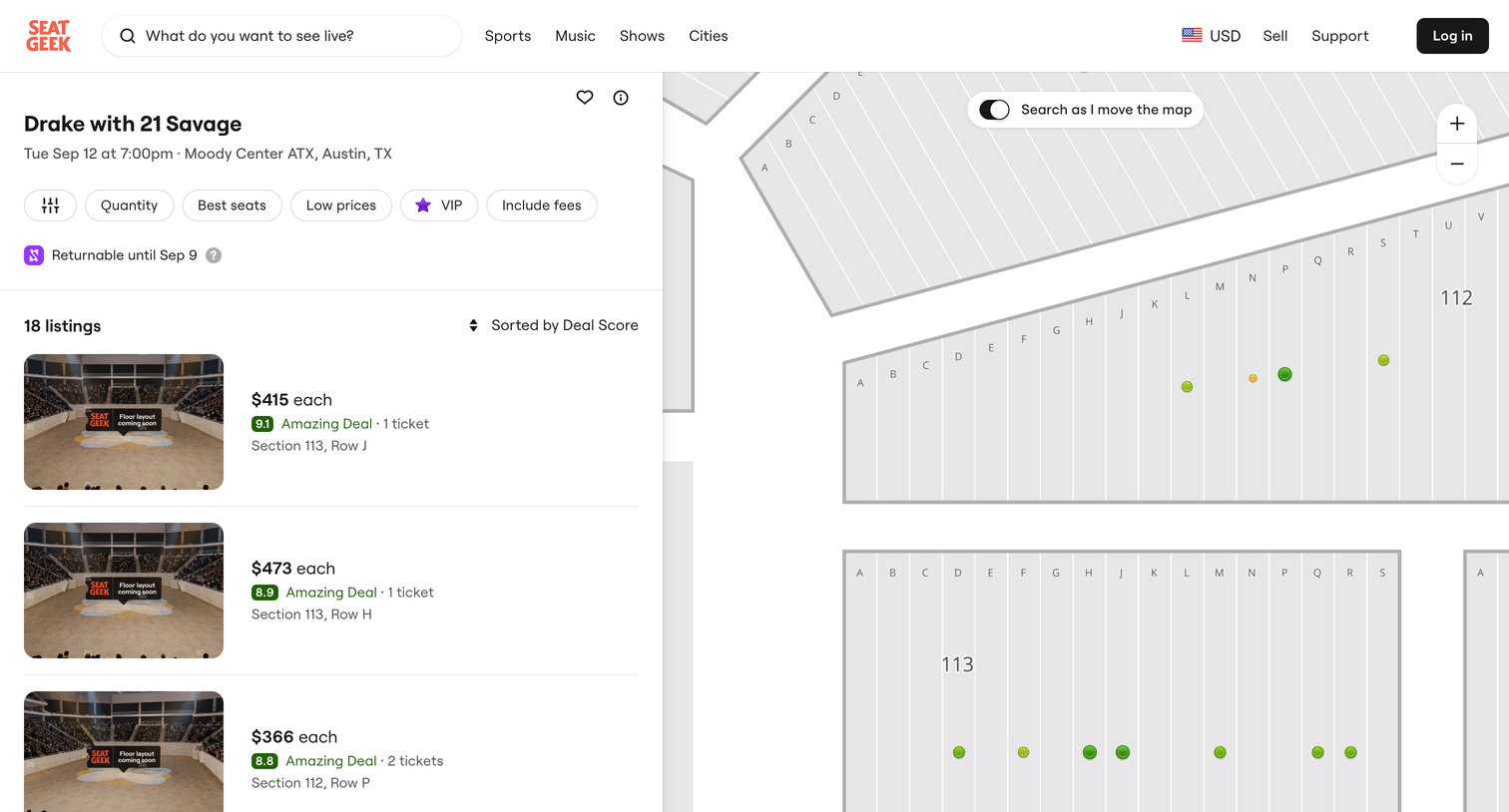 SeatGeek - Drake Tickets Austin Moody Center ATX - Sep 12, 2023 at 700pm | Se screen