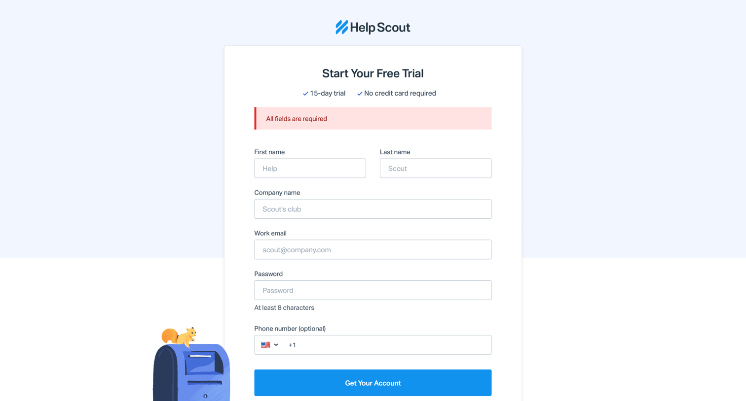 Help Scout - Sign up for a free Help Scout trial screen