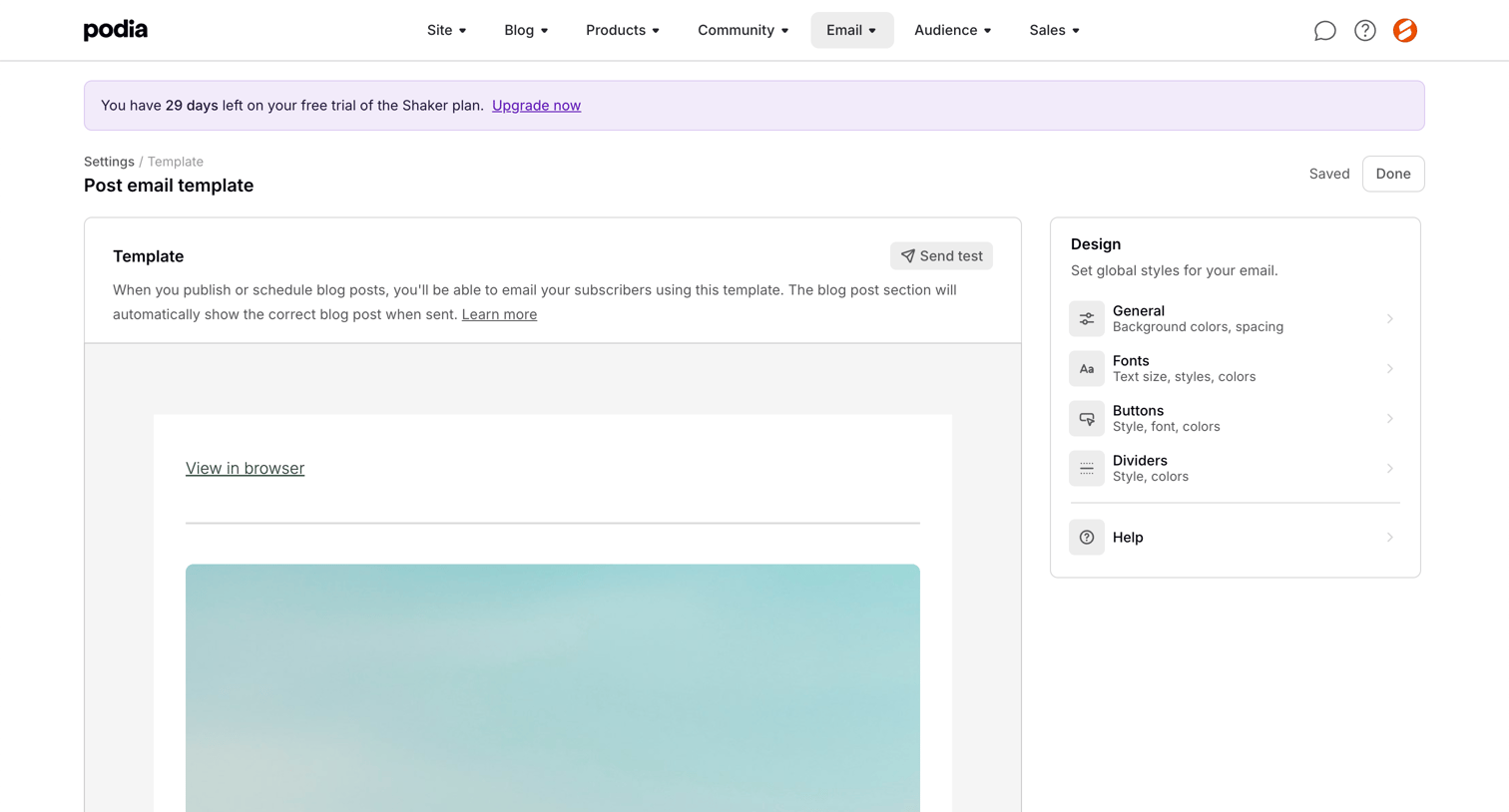 Podia - Podia Post email template screen