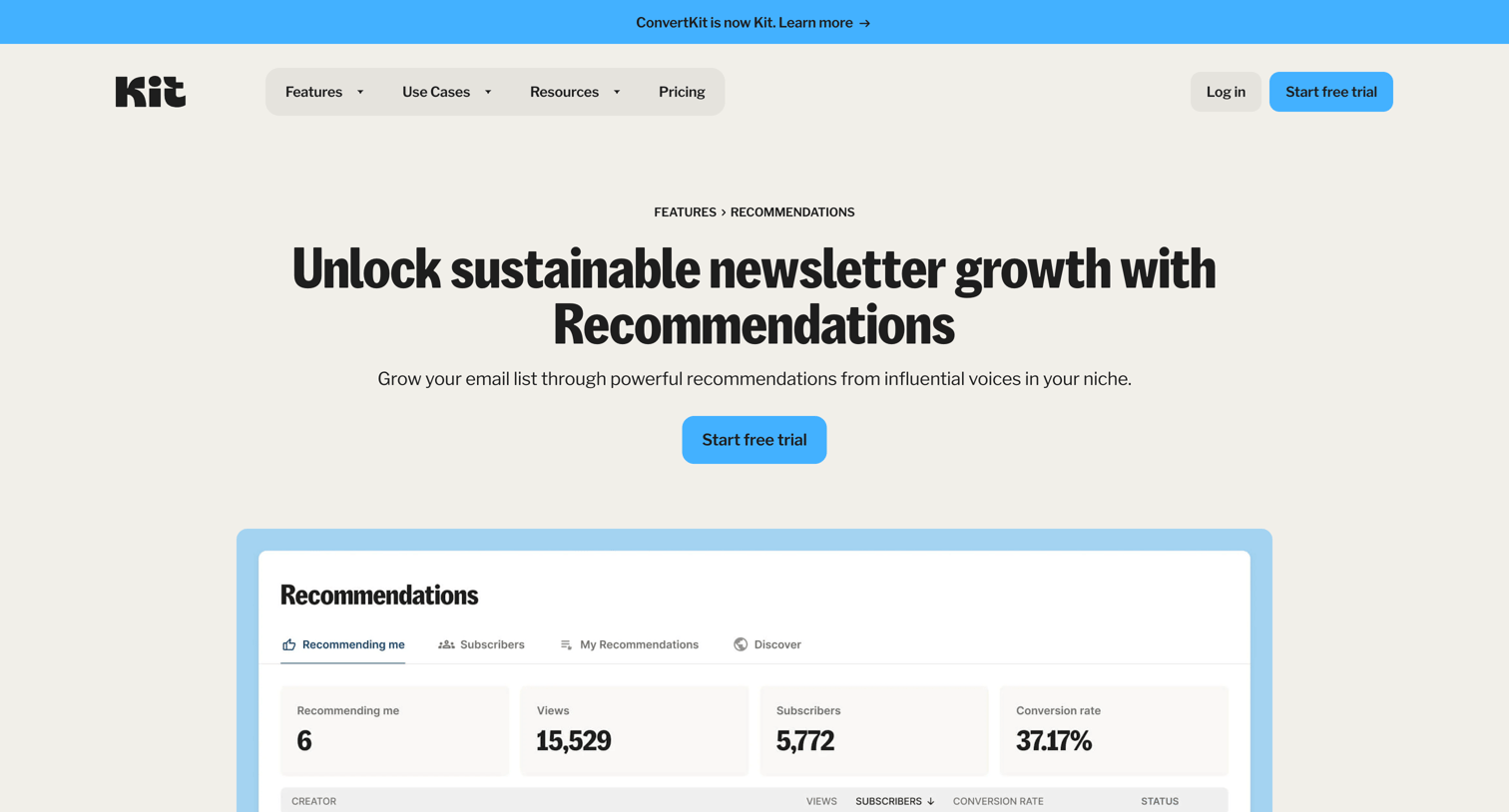 Kit - Grow Your Email List with Powerful Recommendations from Creators screen