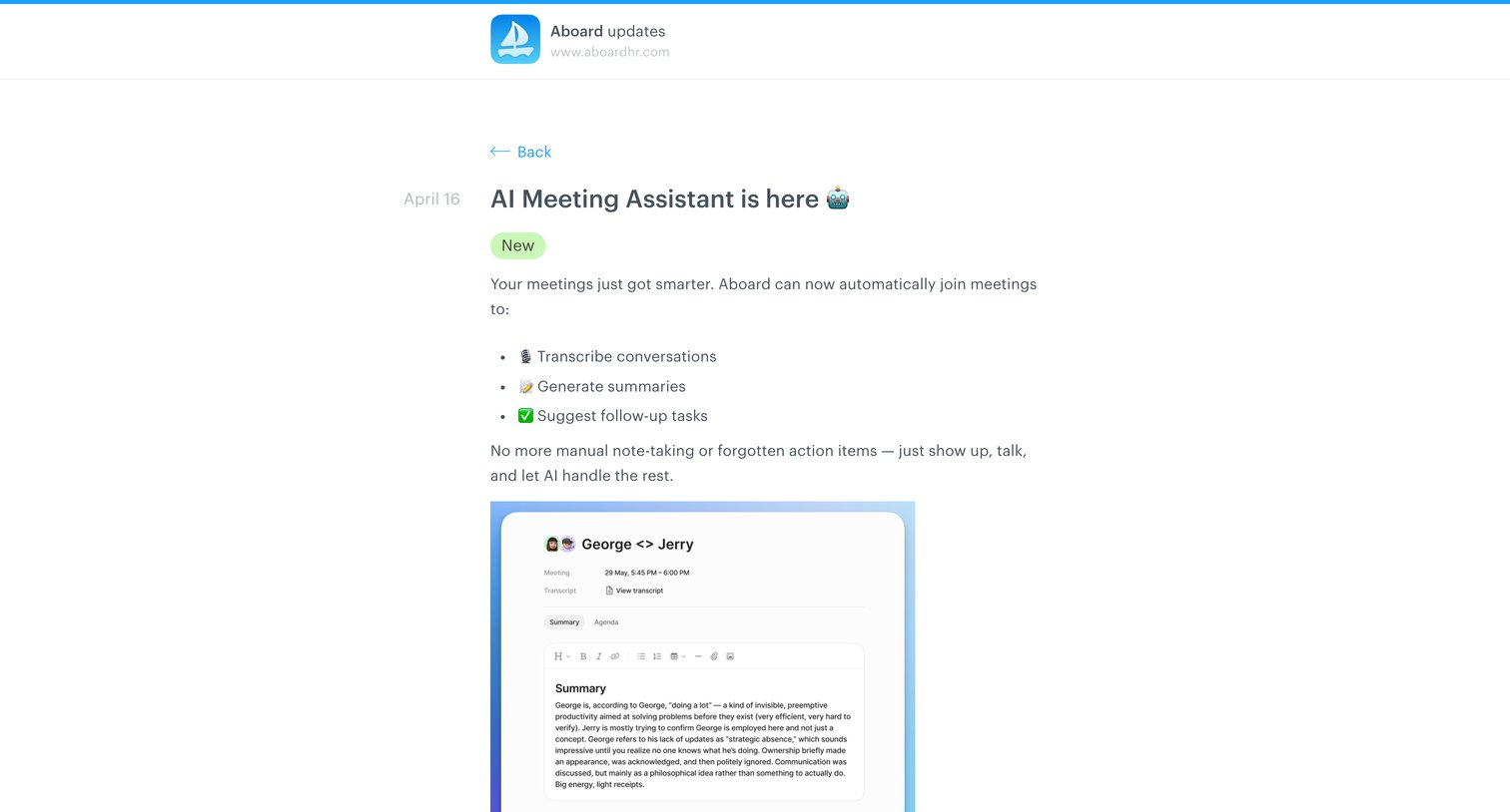 Aboard - AI Meeting Assistant is here - Aboard updates screen