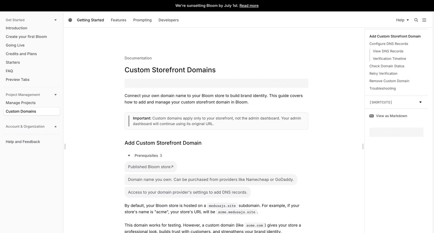 Bloom - Custom Storefront Domains - Bloom Documentation screen