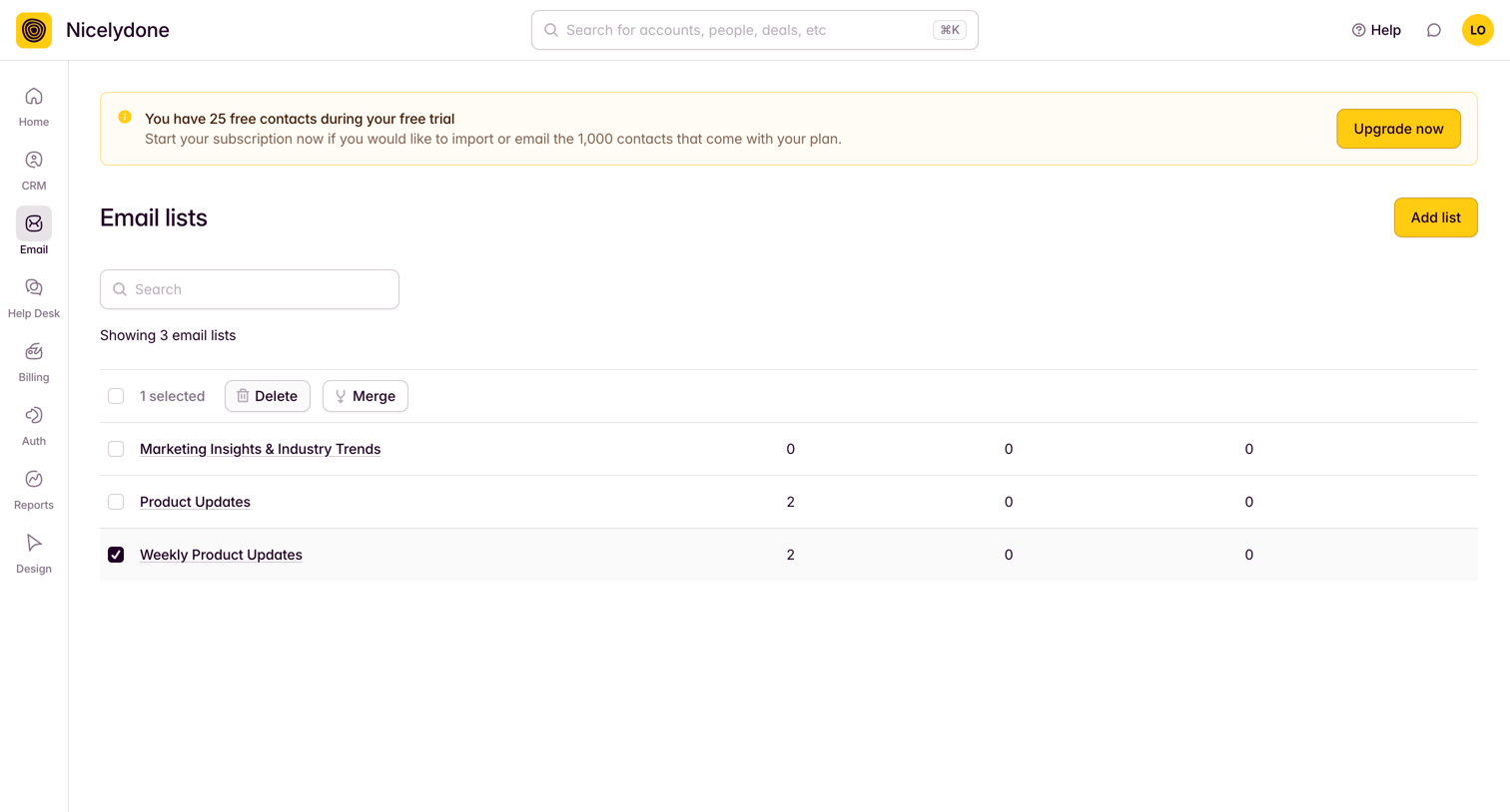 Outseta - View All Email Lists screen