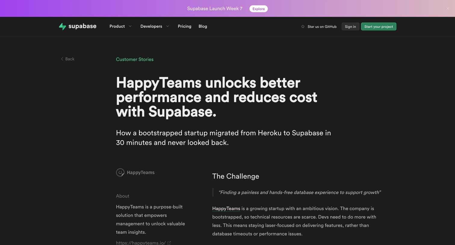 Supabase - HappyTeams | Supabase Customer Stories screen