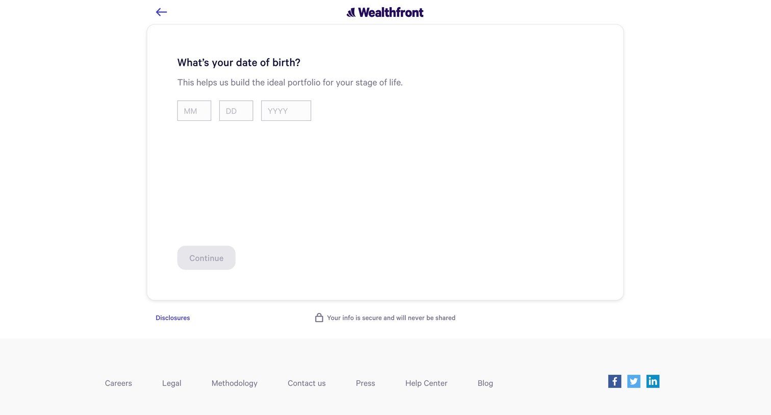 Wealthfront - Birthdate Question - Open Account - Wealthfront screen