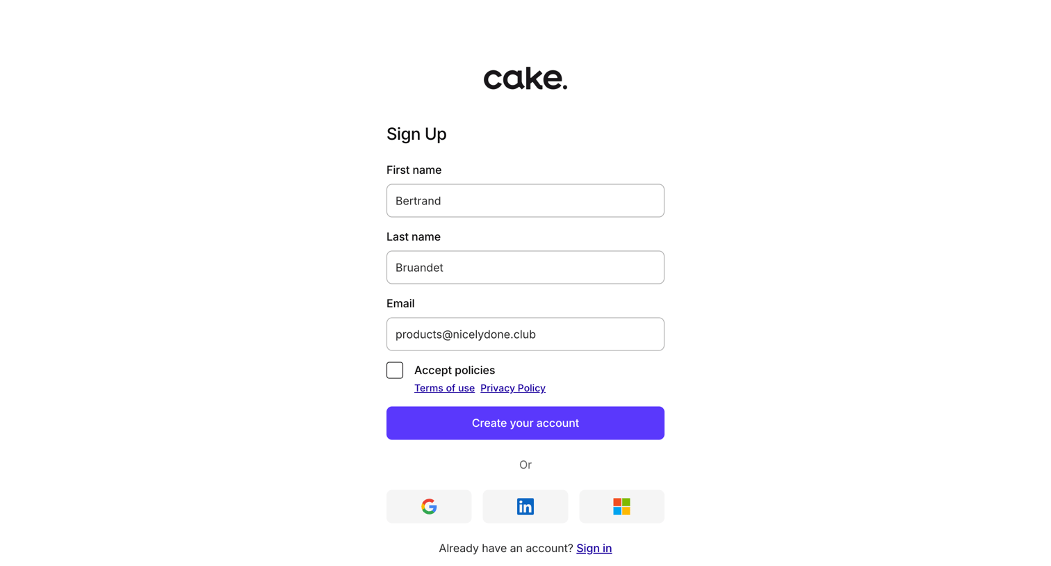 Cake - Sign up | Cake Equity screen