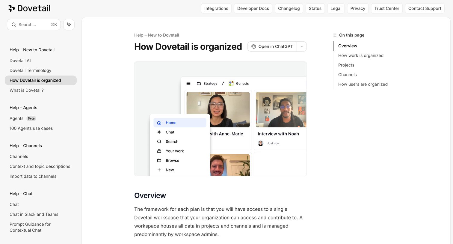 Dovetail - How Dovetail is organized - Dovetail screen
