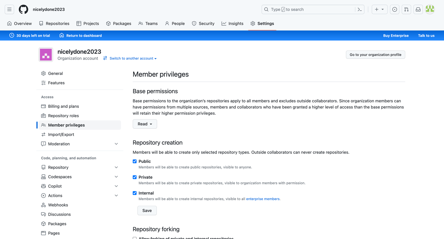 Github - Member privileges screen