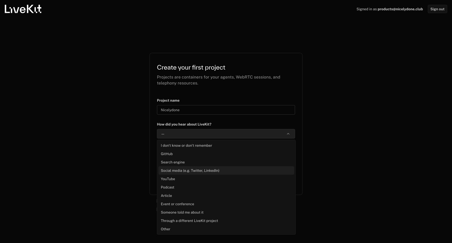 Livekit - New Project | LiveKit Cloud screen