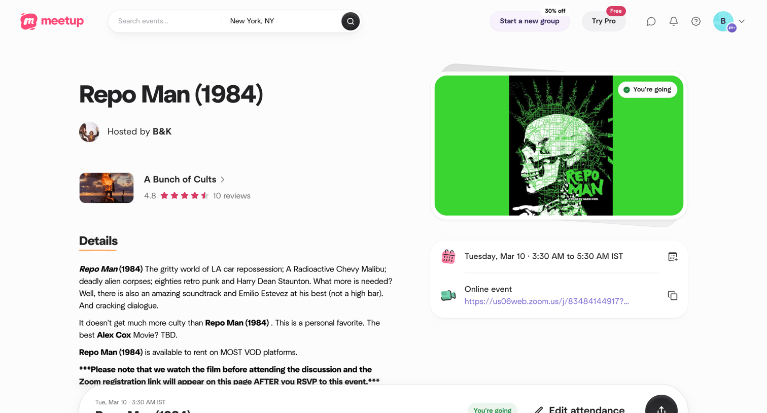 Meetup - Repo Man (1984), Mon, Mar 9, 2026, 6:00 PM | Meetup screen